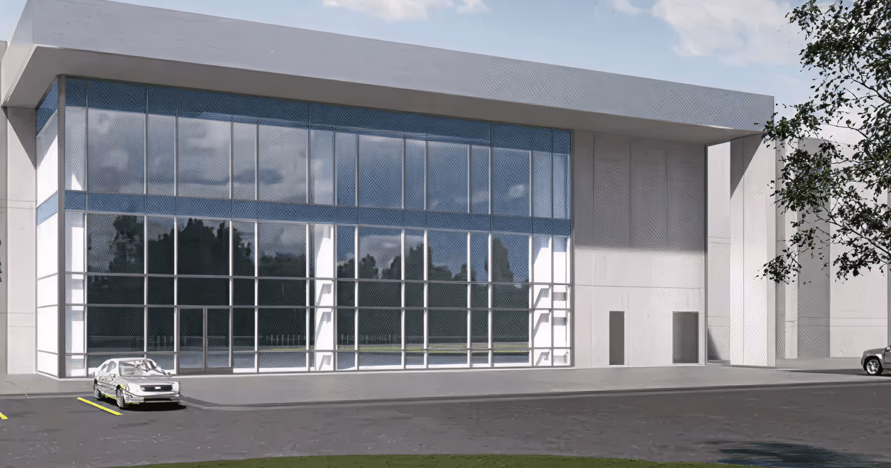 Architectural rendering of a data center building facade with large glass windows