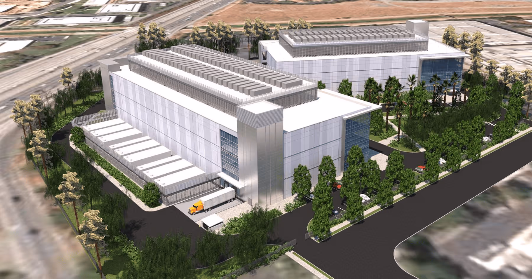 Aerial rendering of a data center campus with surrounding trees and adjacent parking