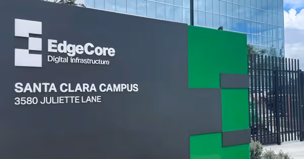 EdgeCore Santa Clara Campus entrance sign with data center building behind it
