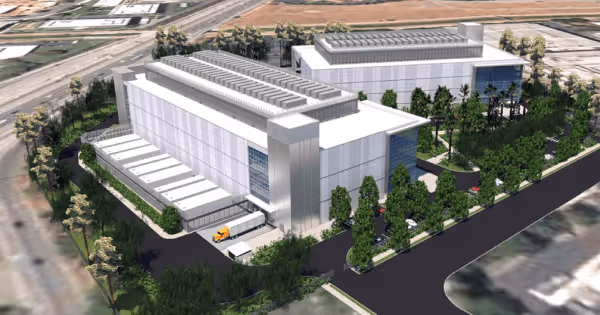 Aerial rendering of a modern data center campus with solar panels under a blue sky
