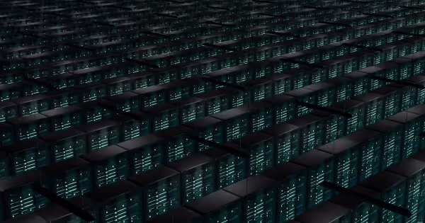 Aerial rendering of a large data center campus surrounded by desert terrain