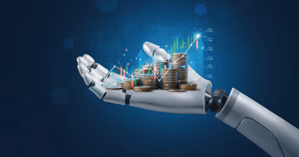 A robotic hand holding glowing stacked coins with digital financial charts in the background