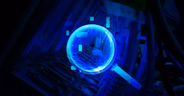 Glowing blue circular data visualization element against a dark background