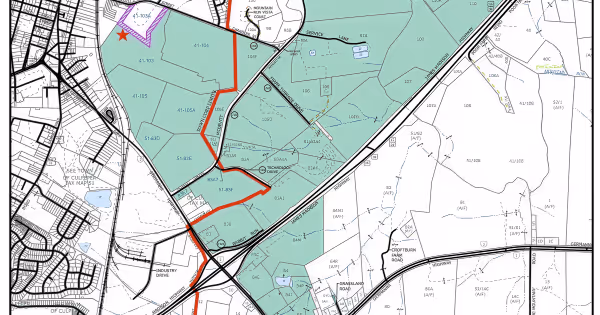 Aerial property map showing a highlighted land parcel with road markings in Culpeper County