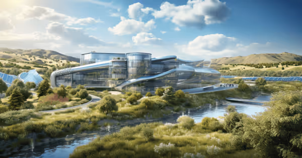 Aerial rendering of a futuristic data center campus with rounded buildings surrounded by greenery and water