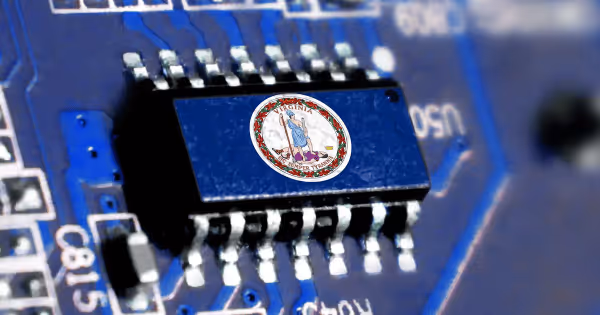 A computer chip with a Virginia state seal graphic overlay on a blue circuit board