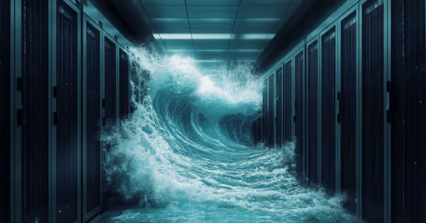 Illuminated server racks inside a data center bathed in teal light with a wave visual effect