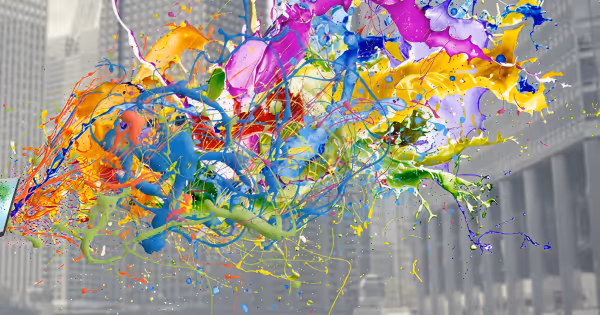 Colorful abstract fluid art with splashes of orange, blue, green, and yellow against a grey background