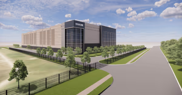 Architectural rendering of a large data center campus with perimeter fencing and a tree-lined road
