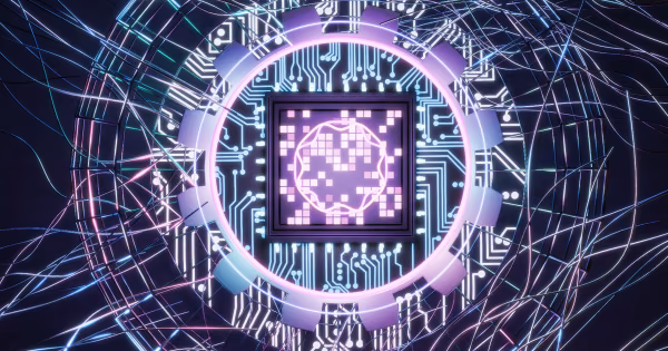 Glowing purple AI chip with circuit board design against a dark background