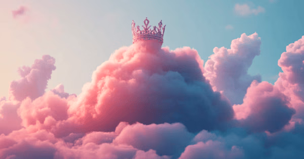 Pink clouds with a small crown against a blue sky