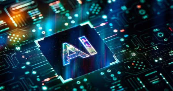 Glowing AI chip graphic on a colorful circuit board background