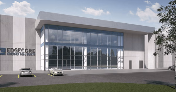 Architectural rendering of a data center building facade with large glass windows