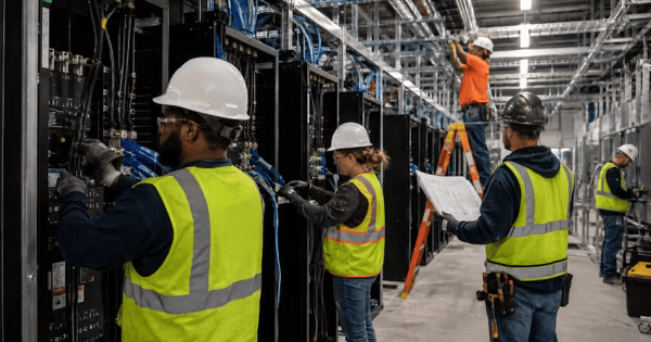 Data center technicians in safety vests working on server racks and cabling