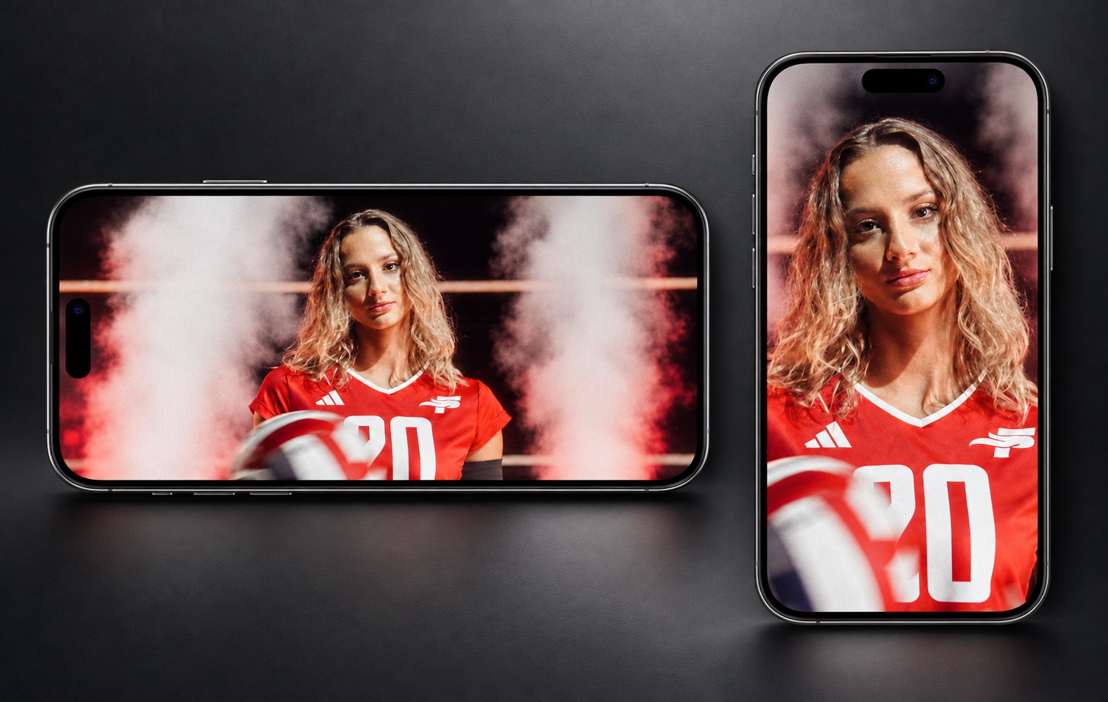 The same SEU volleyball video displayed on landscape and portrait iPhones