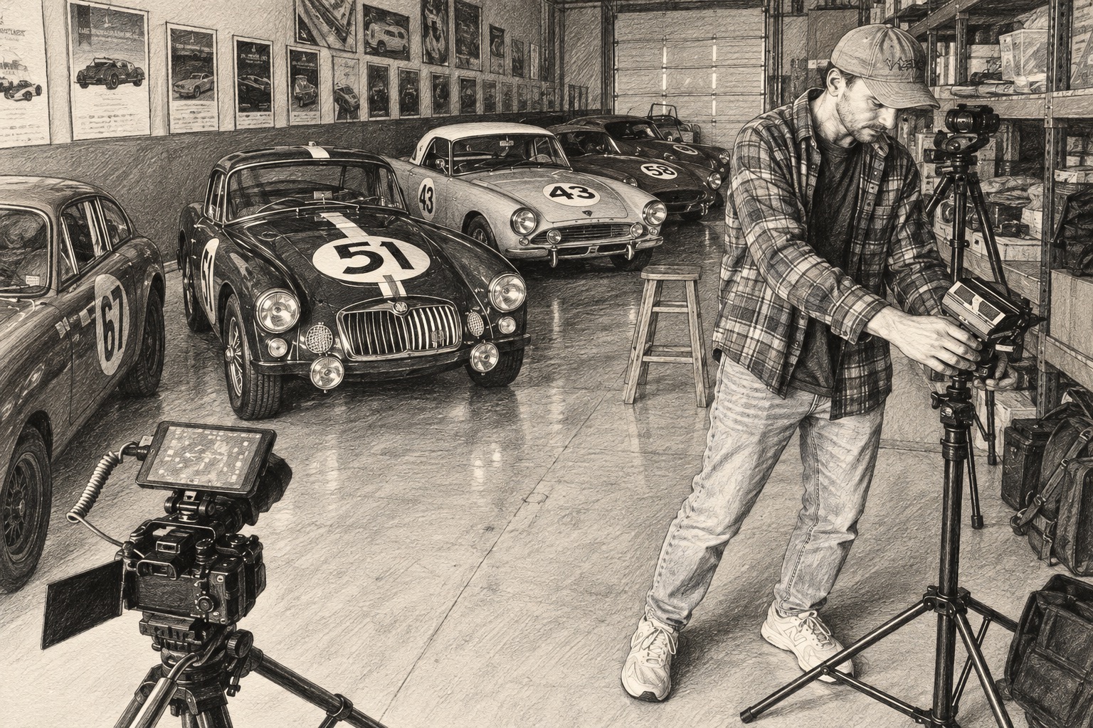 Pencil sketch of a filmmaker preparing equipment beside classic racing cars
