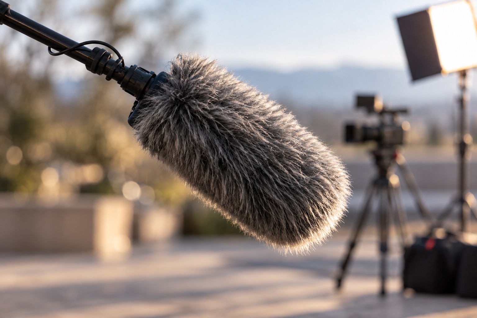 A furry boom microphone in sharp focus with a camera and softbox blurred in the background