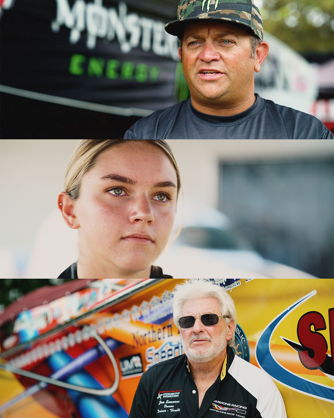 Three stacked interview portraits with racing boats in the background