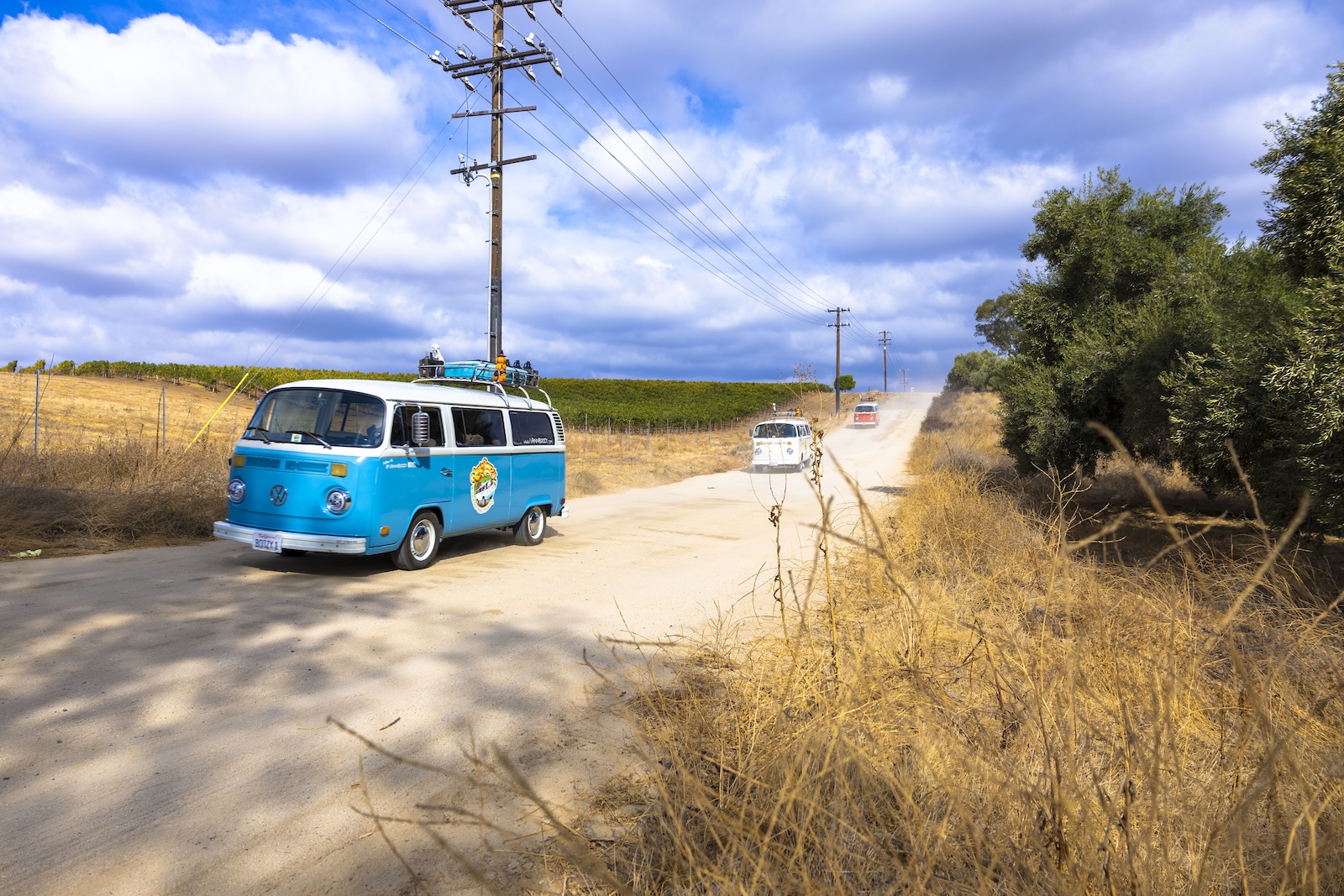 Restored vintage VW bus from Van'N Boozy fleet cruising Temecula Wine Country backroads