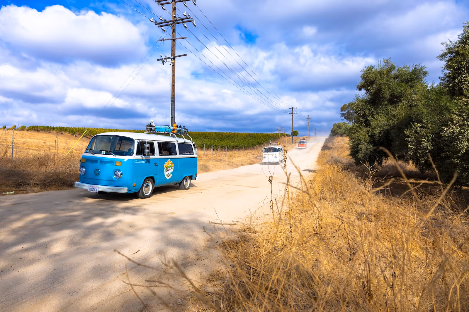 Restored vintage VW bus from Van'N Boozy fleet cruising Temecula Wine Country backroads