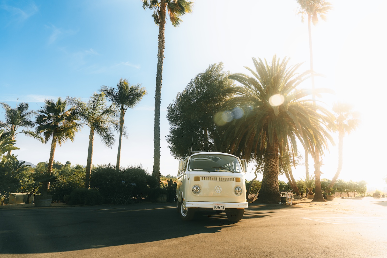 Boozy 3 - cream 1973 VW bus with open sunroof for wine tours in Temecula