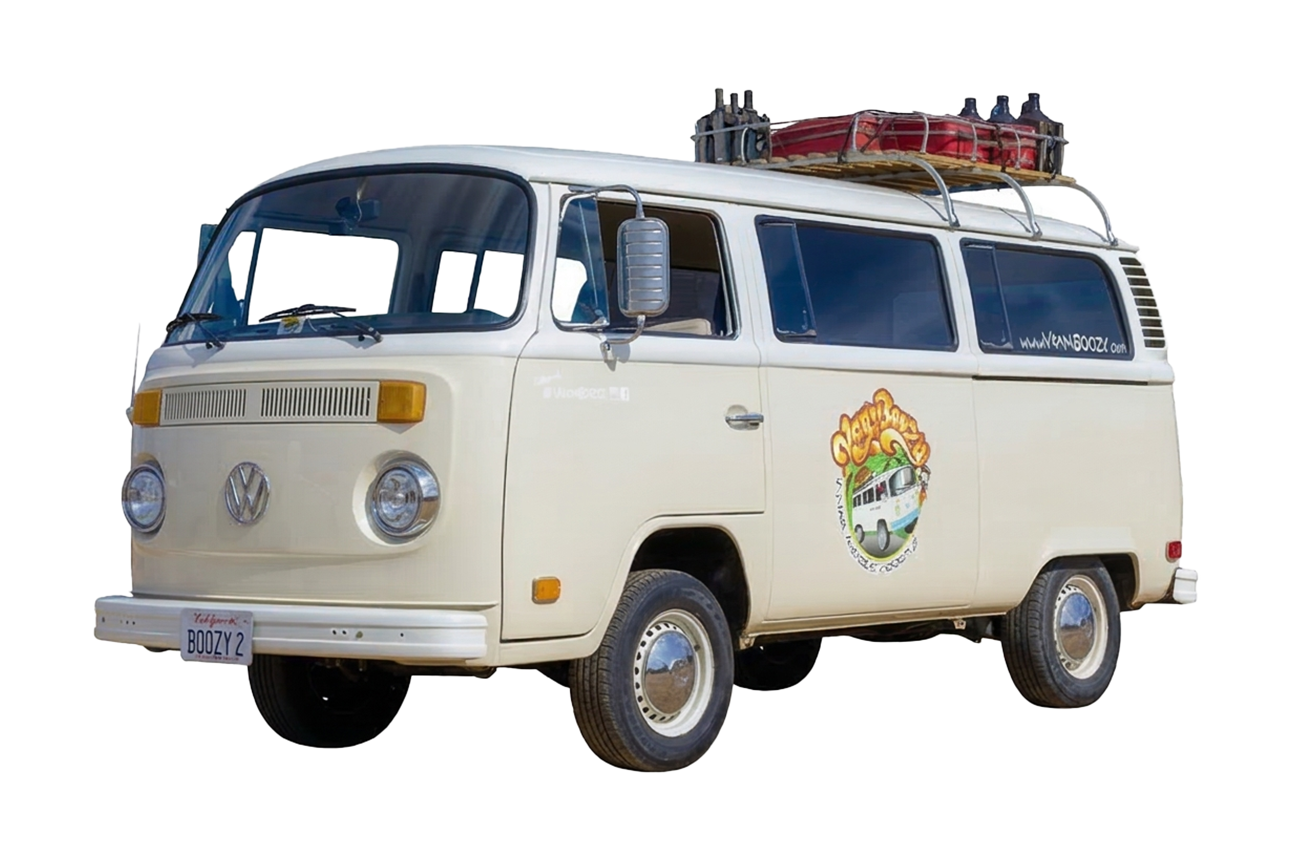 Interior of Boozy 3, Van'N Boozy's 1973 sunroof VW bus with vintage cooler and picnic basket