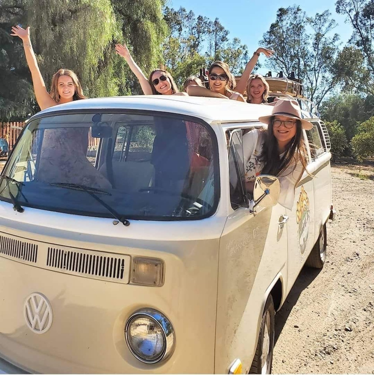 Group celebrating out the top of a vintage VW bus during a non-alcoholic wine country experience in Temecula.