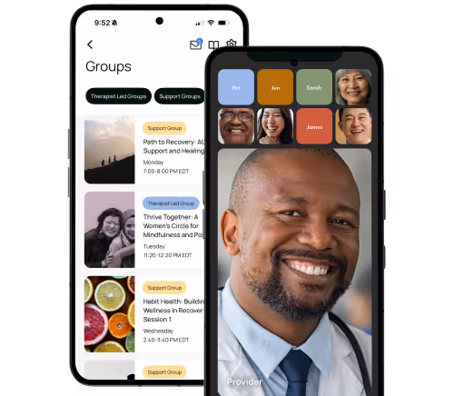 Two smartphones showing a therapy support app; the left screen lists therapy groups, and the right shows a video call with a smiling male provider and six participants.