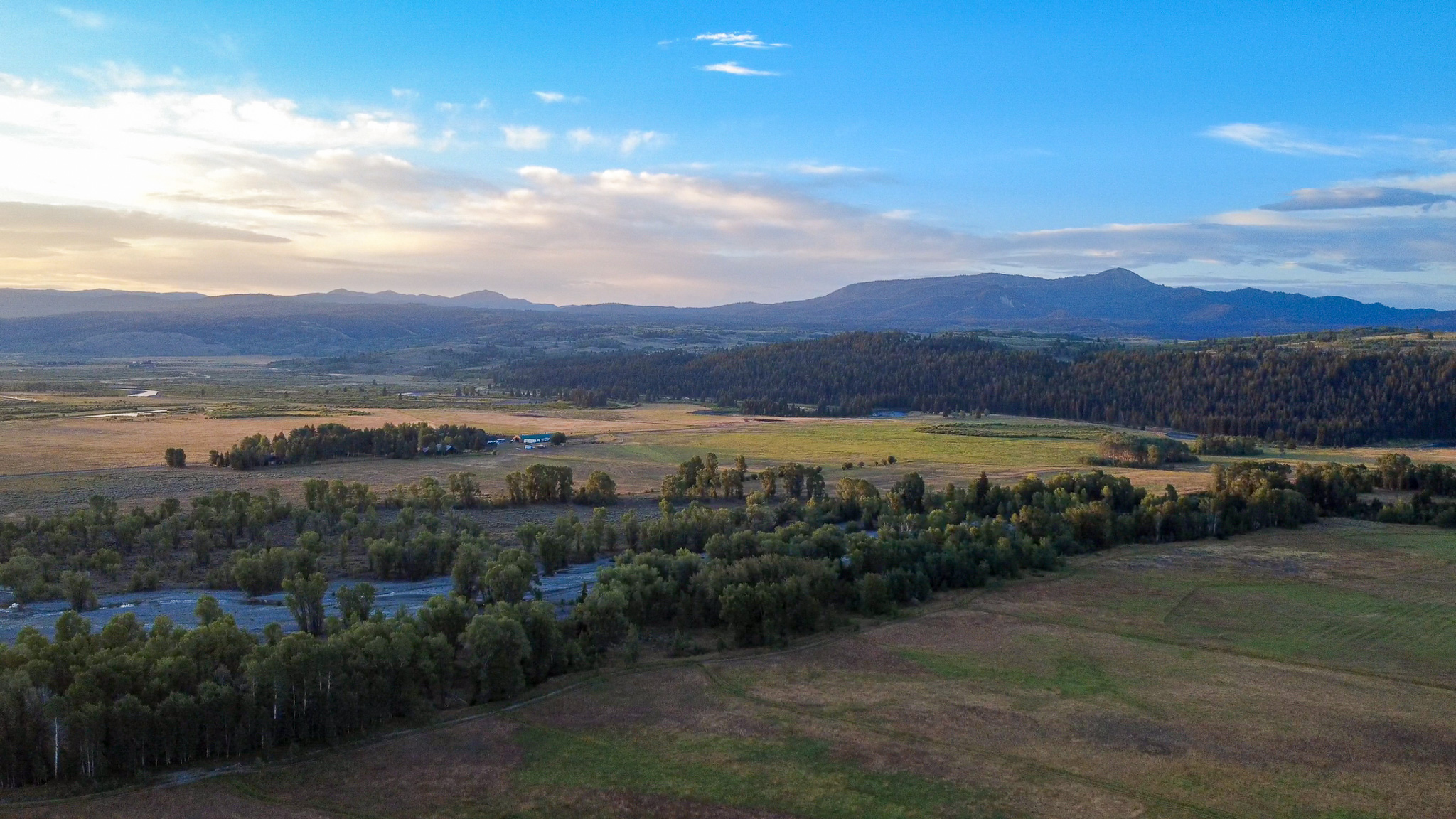 Aerial view of a rural landscape with green fields, clusters of trees, a few buildings, and mountains in the distance under a partly cloudy blue sky.
