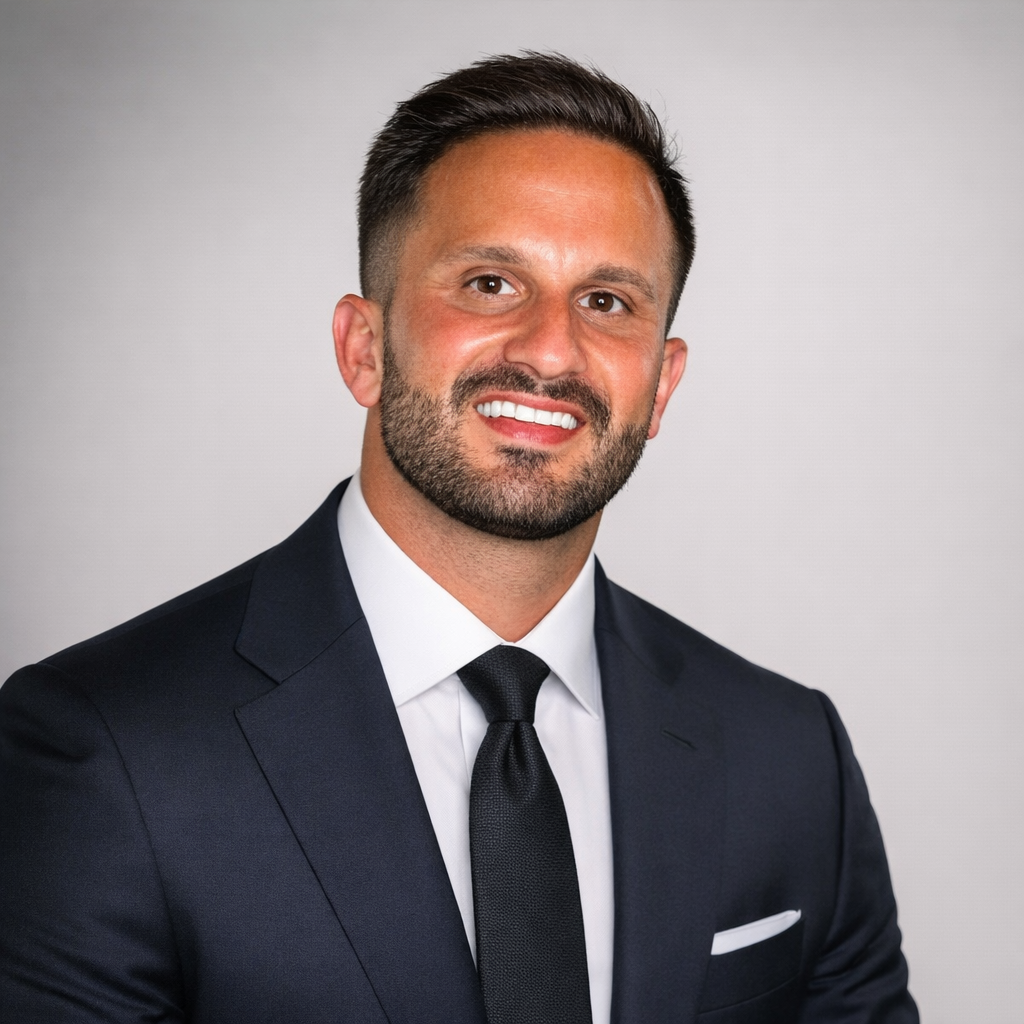 Smiling man with short dark hair and beard wearing a navy suit, white shirt, and black tie against a light gray background.