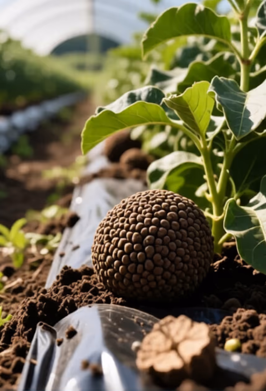 Close-up of a round seed ball made of clustered seeds on soil next to green leafy plants in a garden.