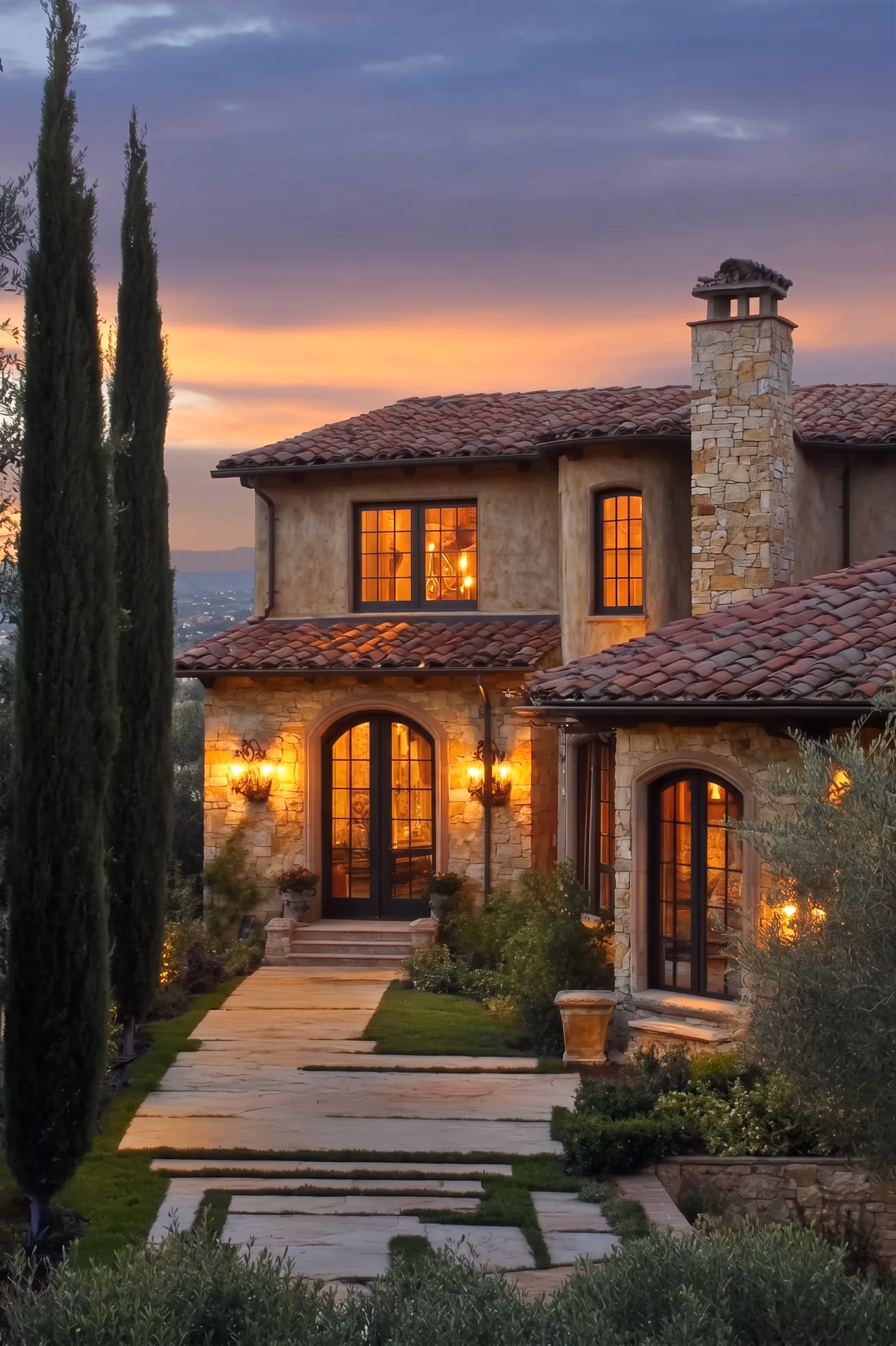 Stone house with tiled roof and warm interior lights at sunset, surrounded by tall trees and manicured garden.