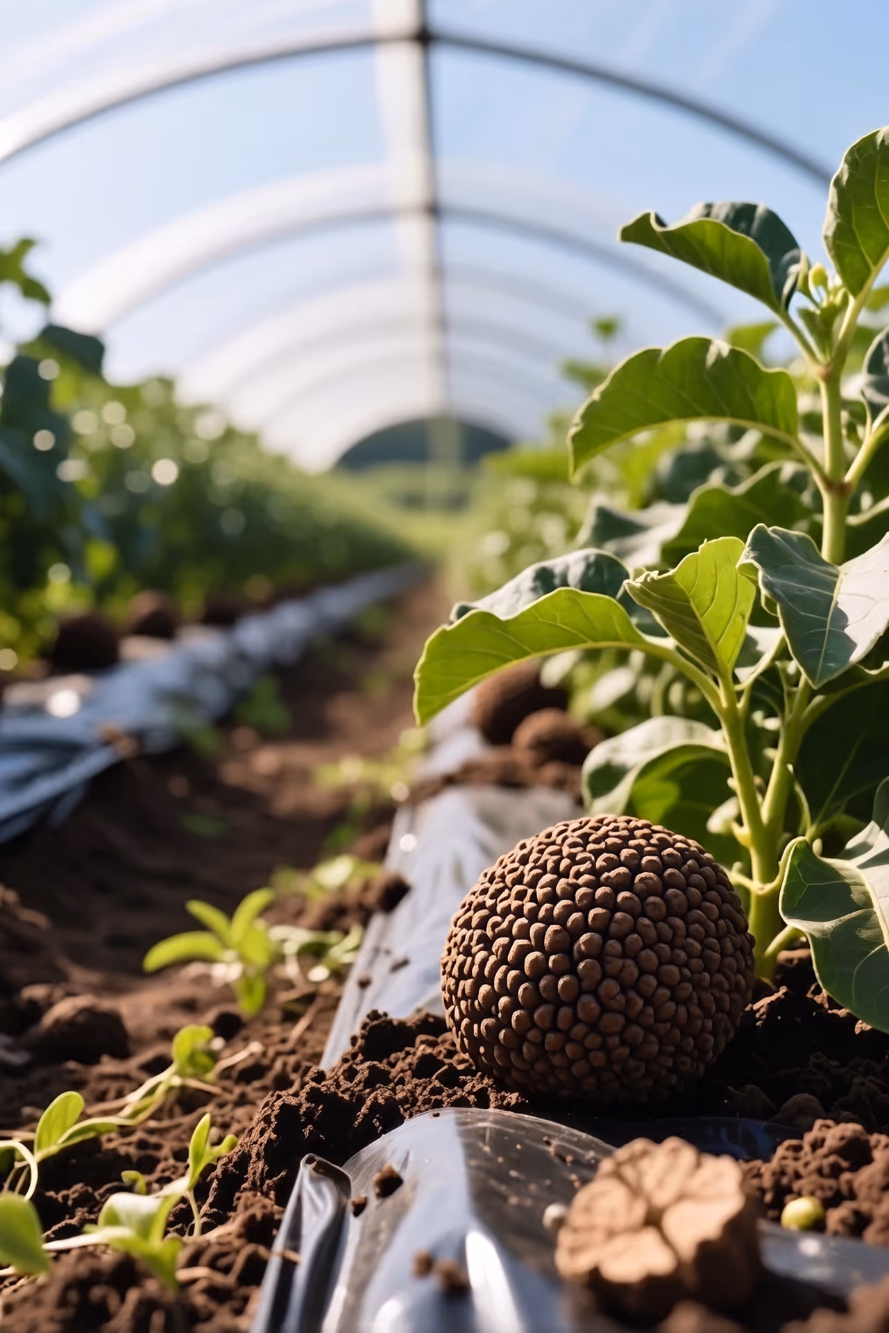 Close-up of a plant with green leaves and a textured brown soil ball in a greenhouse row.