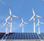 Solar panels and wind turbines under a blue sky generating renewable energy.
