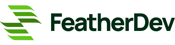 FeatherDev company logo with stylized green feather design and black text.