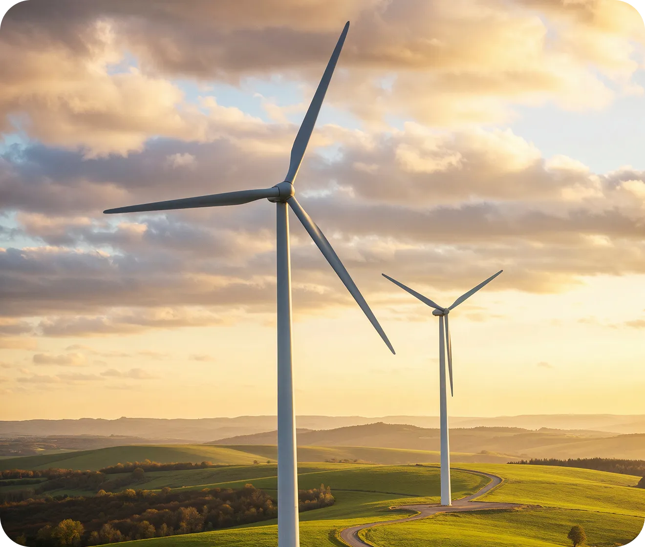 Two wind turbines on green rolling hills under a partly cloudy sky at sunset.