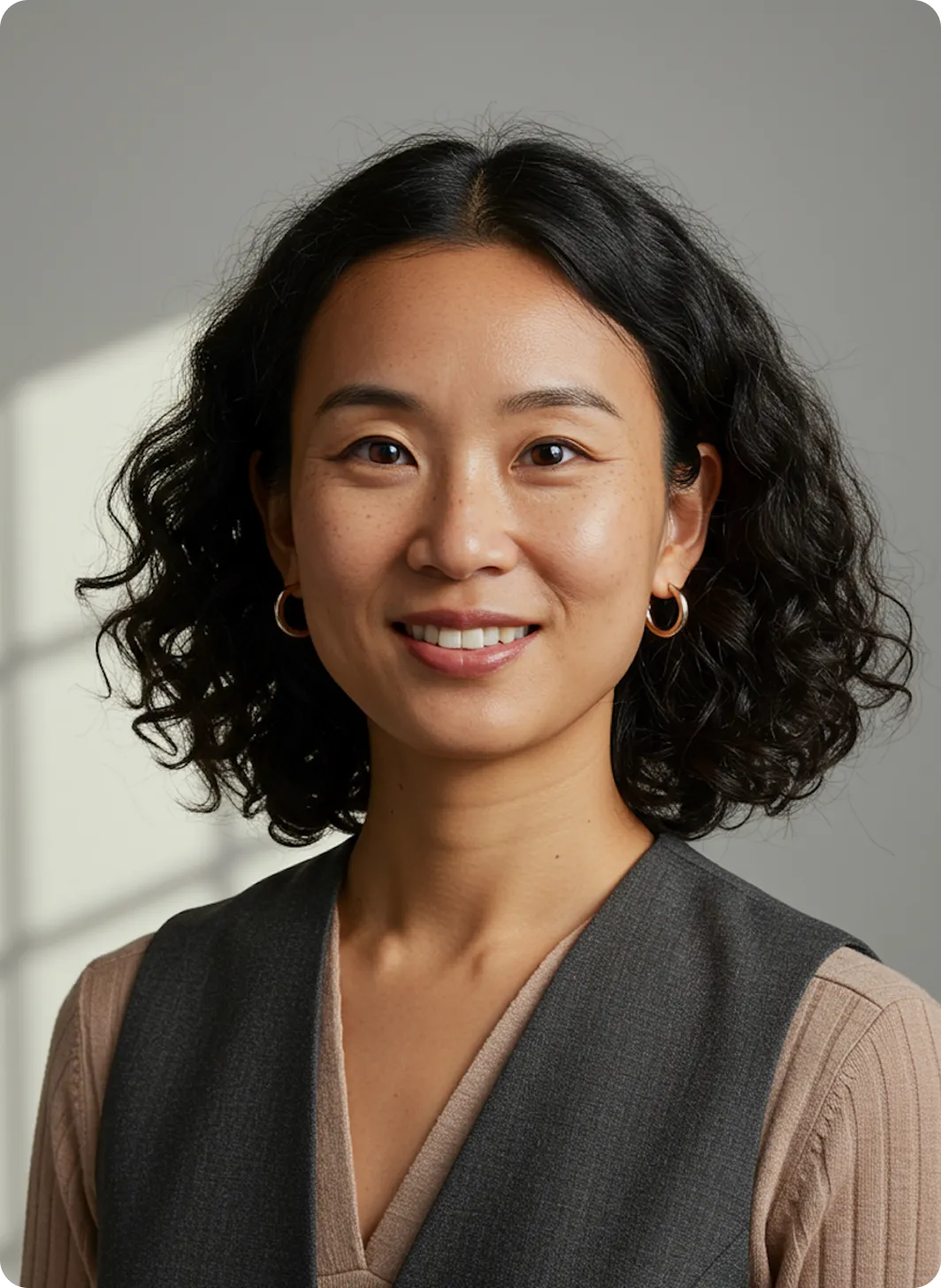 Smiling woman with curly black hair wearing gold hoop earrings, a beige top, and a gray vest against a gray background.