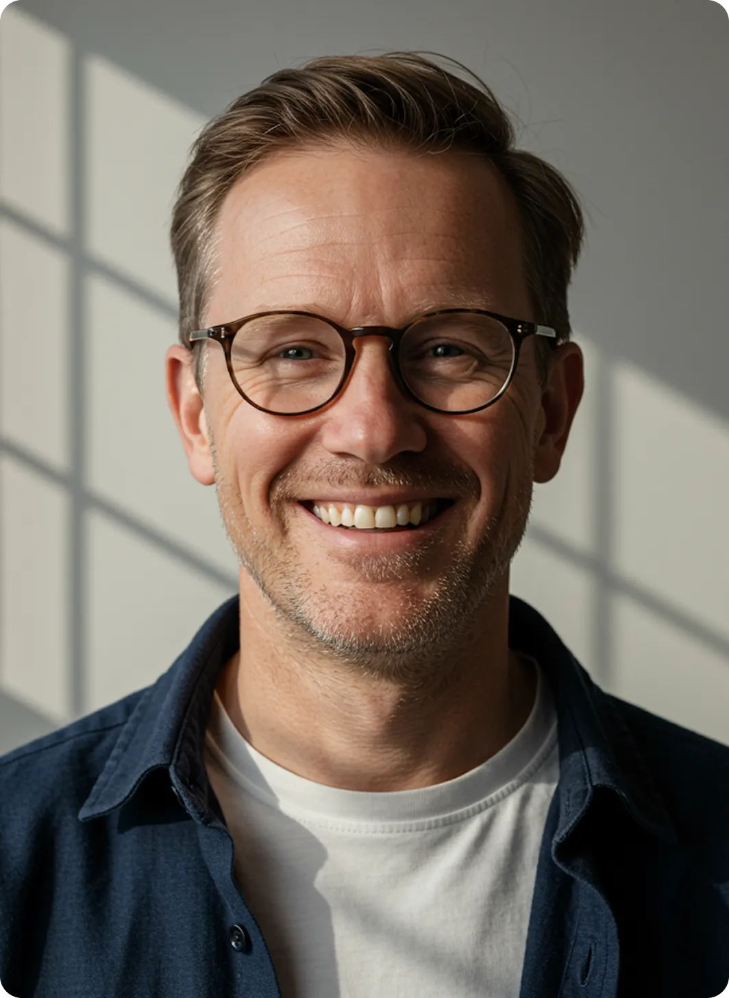 Smiling middle-aged man with light brown hair, wearing round glasses, a white shirt, and a dark blue jacket.