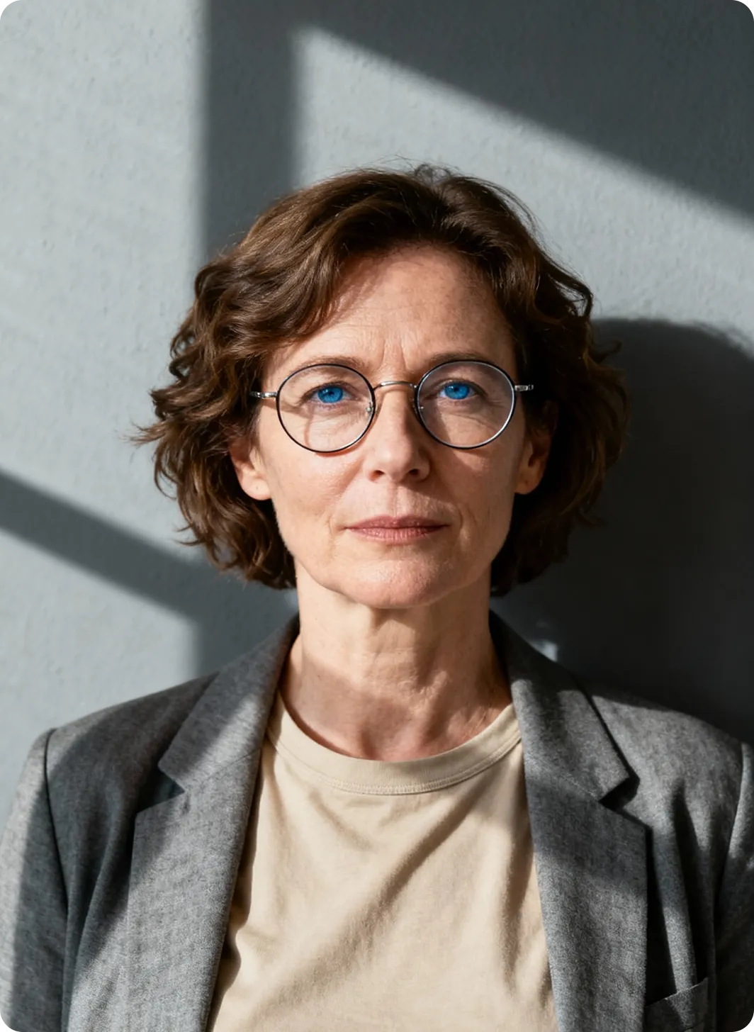 Middle-aged woman with curly brown hair, blue eyes, round glasses, beige shirt, and gray blazer against a shadowed wall.