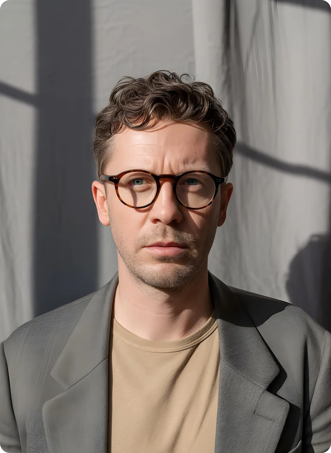 Man with short curly hair and round glasses wearing a beige shirt and gray blazer, with sunlight casting shadows on a gray background.