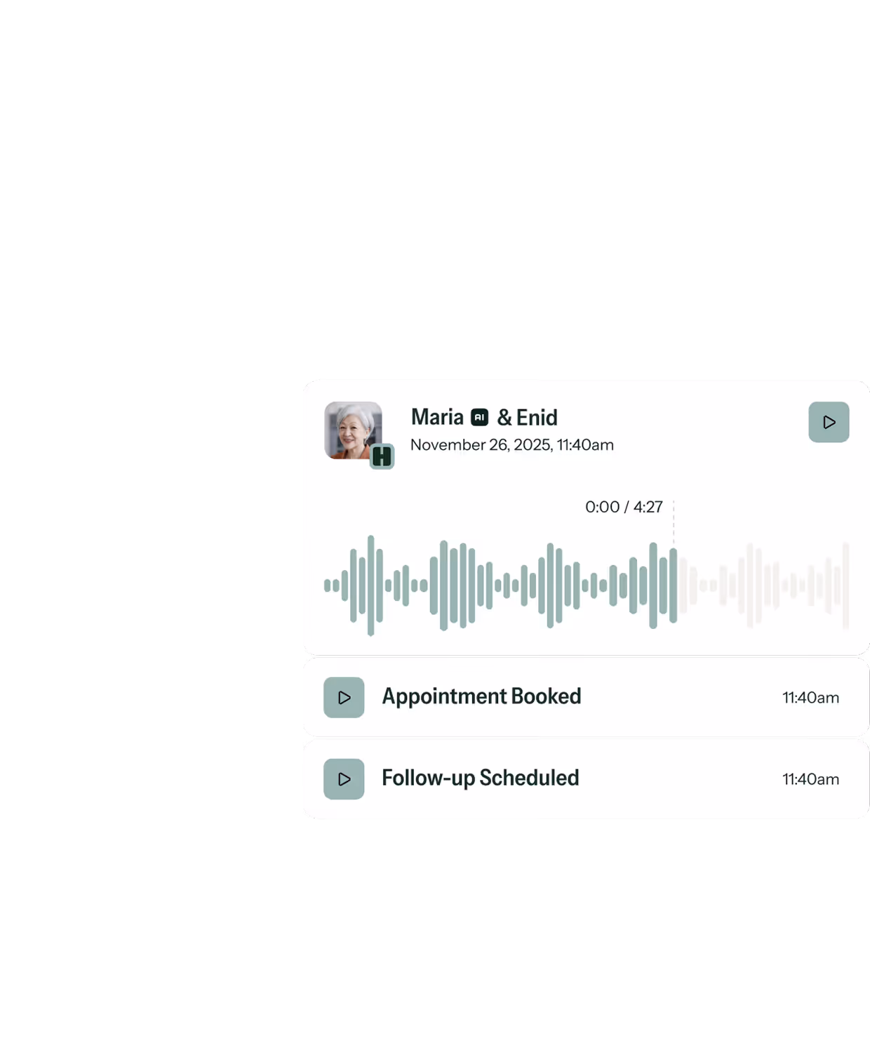 Audio message interface showing a voice recording from Maria & Enid dated November 26, 2025, with options for playing 'Appointment Booked' and 'Follow-up Scheduled' messages, both timed at 11:40 am.