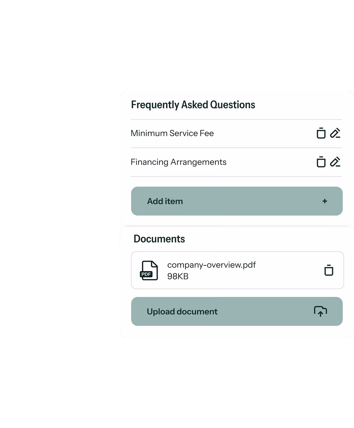 FAQ section listing 'Minimum Service Fee' and 'Financing Arrangements' with options to edit or delete, and a button to add item; document section showing a PDF file named company-overview.pdf (98KB) with a delete option and an 'Upload document' button.