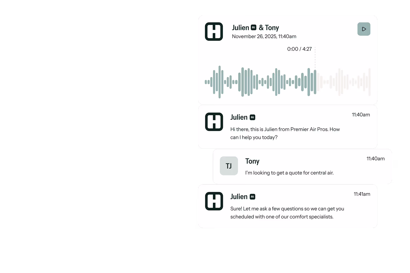 Chat interface showing a conversation between Julien AI and Tony about getting a quote for central air, with audio waveform and timestamps.