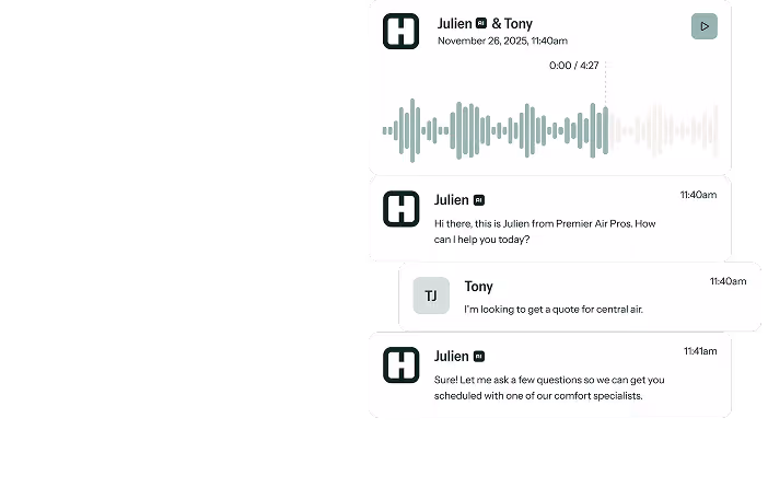 Chat conversation screenshot with audio waveform at the top, showing Julien from Premier Air Pros helping Tony inquire about a central air quote.
