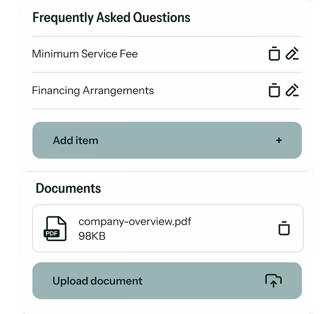 FAQ section listing Minimum Service Fee and Financing Arrangements with edit and delete icons, plus an Add item button; below is a Documents section showing company-overview.pdf file of 98KB with delete icon and an Upload document button.