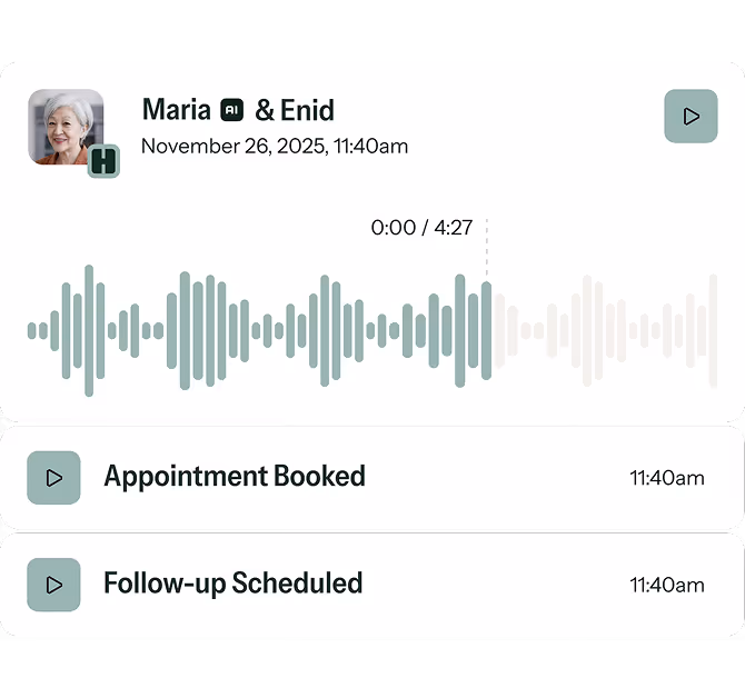 Audio message interface showing a conversation between Maria and Enid dated November 26, 2025, at 11:40am, with audio playback controls and waveform display, followed by two recorded messages titled 'Appointment Booked' and 'Follow-up Scheduled' both timestamped 11:40am.