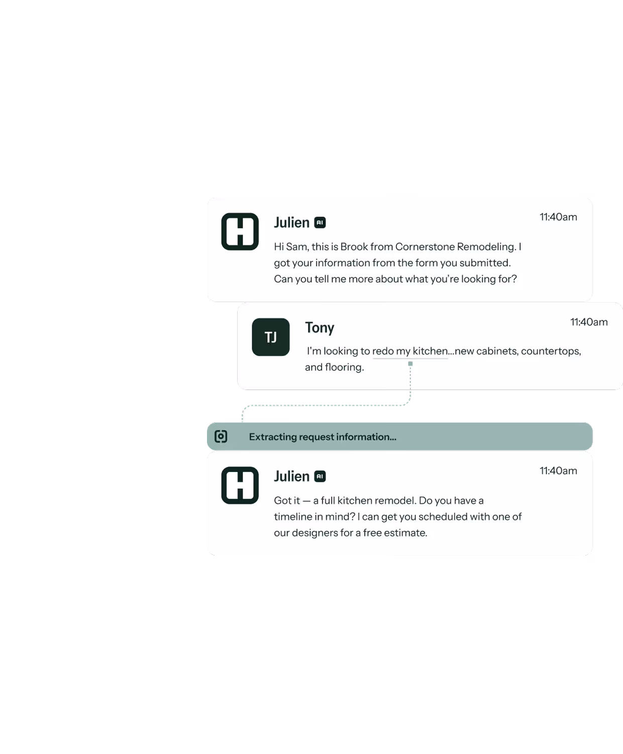 Chat conversation between Julien AI and Tony discussing a kitchen remodel with new cabinets, countertops, and flooring, followed by Julien offering to schedule a free design estimate.