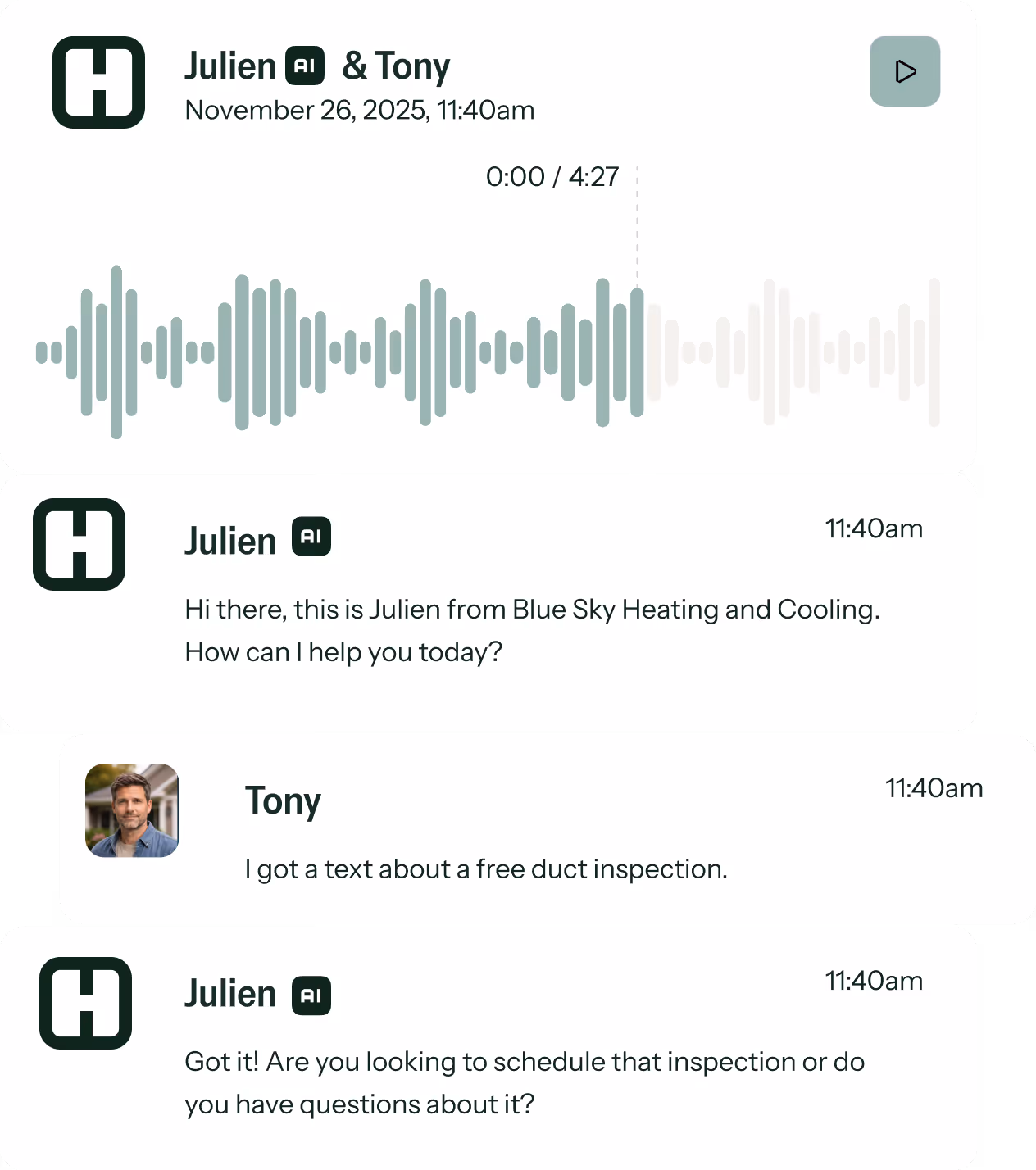 Chat interface showing conversation between Julien AI from Blue Sky Heating and Cooling and Tony about scheduling a free duct inspection, including an audio message playback bar.