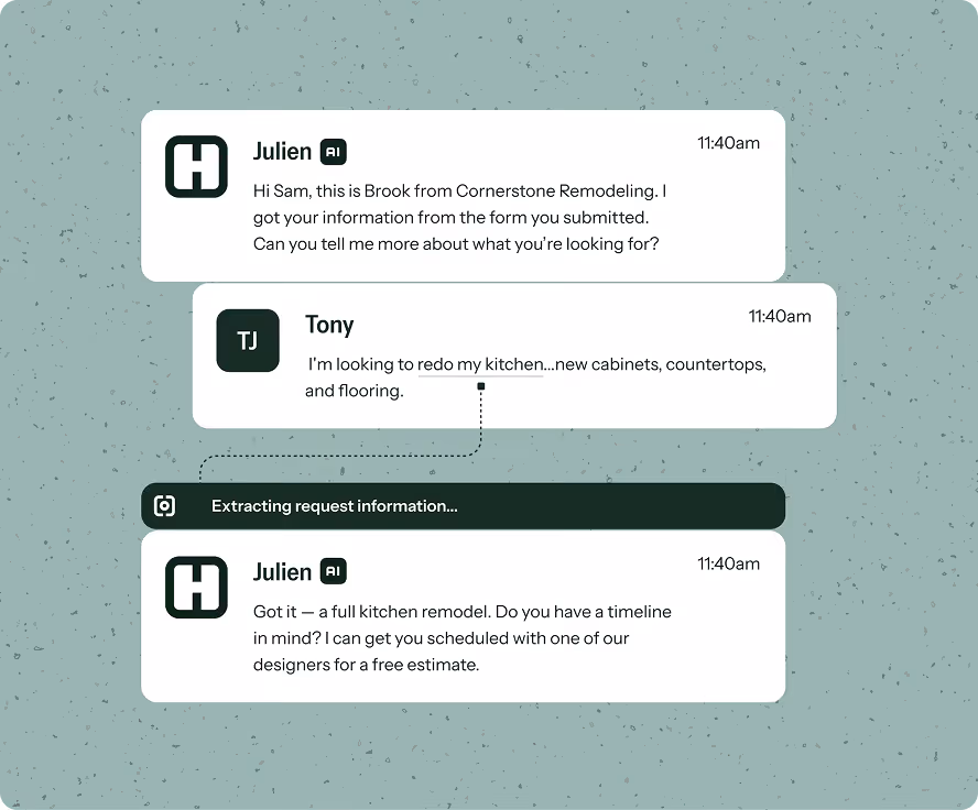 Chat conversation between Julien AI from Cornerstone Remodeling and Tony about remodeling a kitchen with new cabinets, countertops, and flooring.