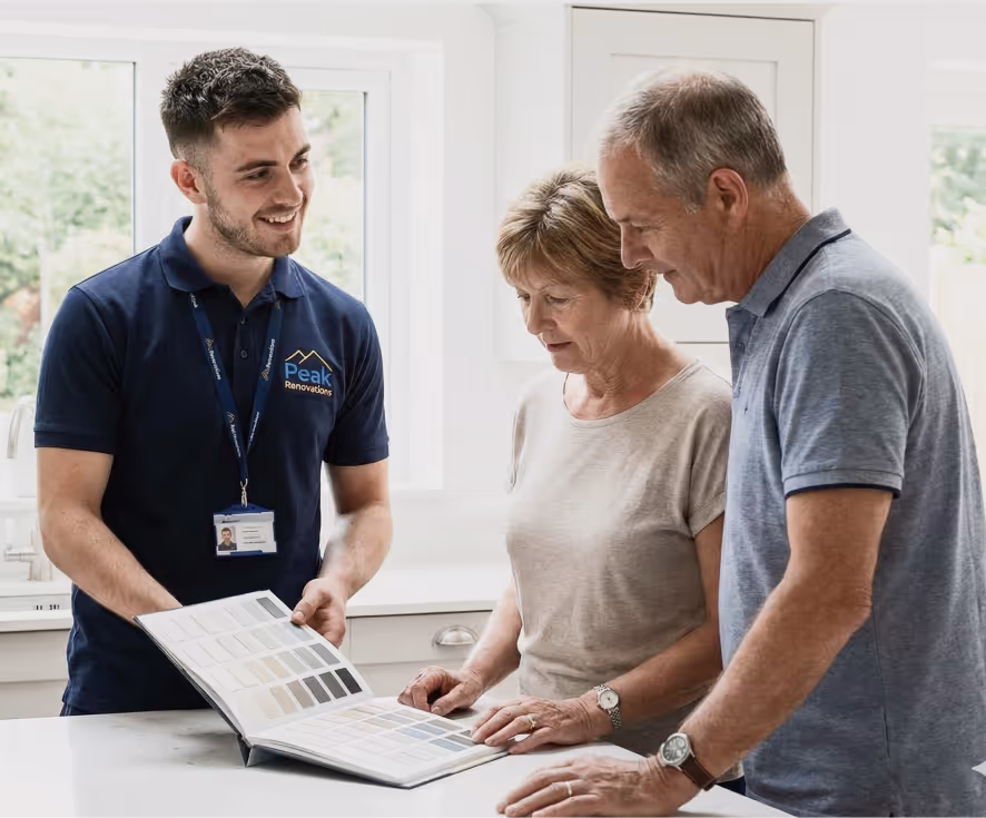 A home renovation consultant showing a color sample book to an older couple inside a bright kitchen.